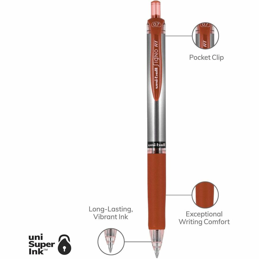 uniball™ SigNo RT Gel Ink Pens - 0.7 mm Pen Point - Refillable - Retractable - Red Ink - Gel-based - Red Metal Barrel - 