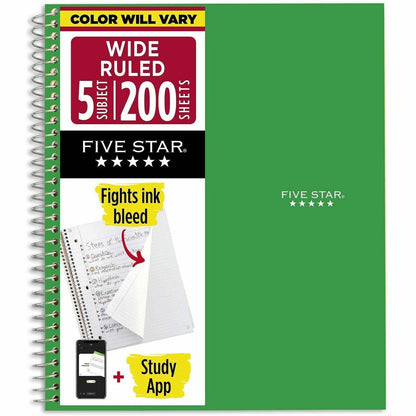 Five Star Five-subject Notebook - 200 Sheets - Wire Bound - 8" x 10 1/2" Sheet Size - Assorted Plastic Cover - 1 Each