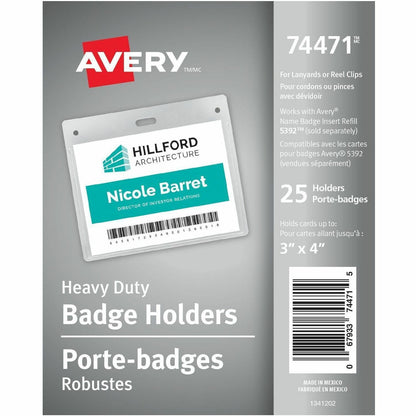 Avery® Horizontal Name Badge Holders - Support 3" x 4" Media - Horizontal - Vinyl - Clear - 25 / Pack