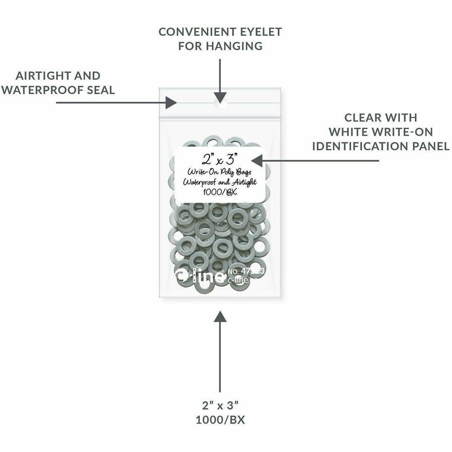C-Line Write-On Reclosable Small Parts Bags - 3" Length x 2" Width - Clear - Poly - Multipurpose - 1000 / Carton