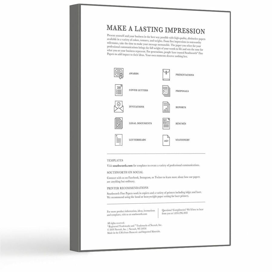 Southworth 100% Cotton Resume Paper - Letter - 8 1/2" x 11" - 32 lb Basis Weight - Wove - Acid-free, Watermarked - Ivory