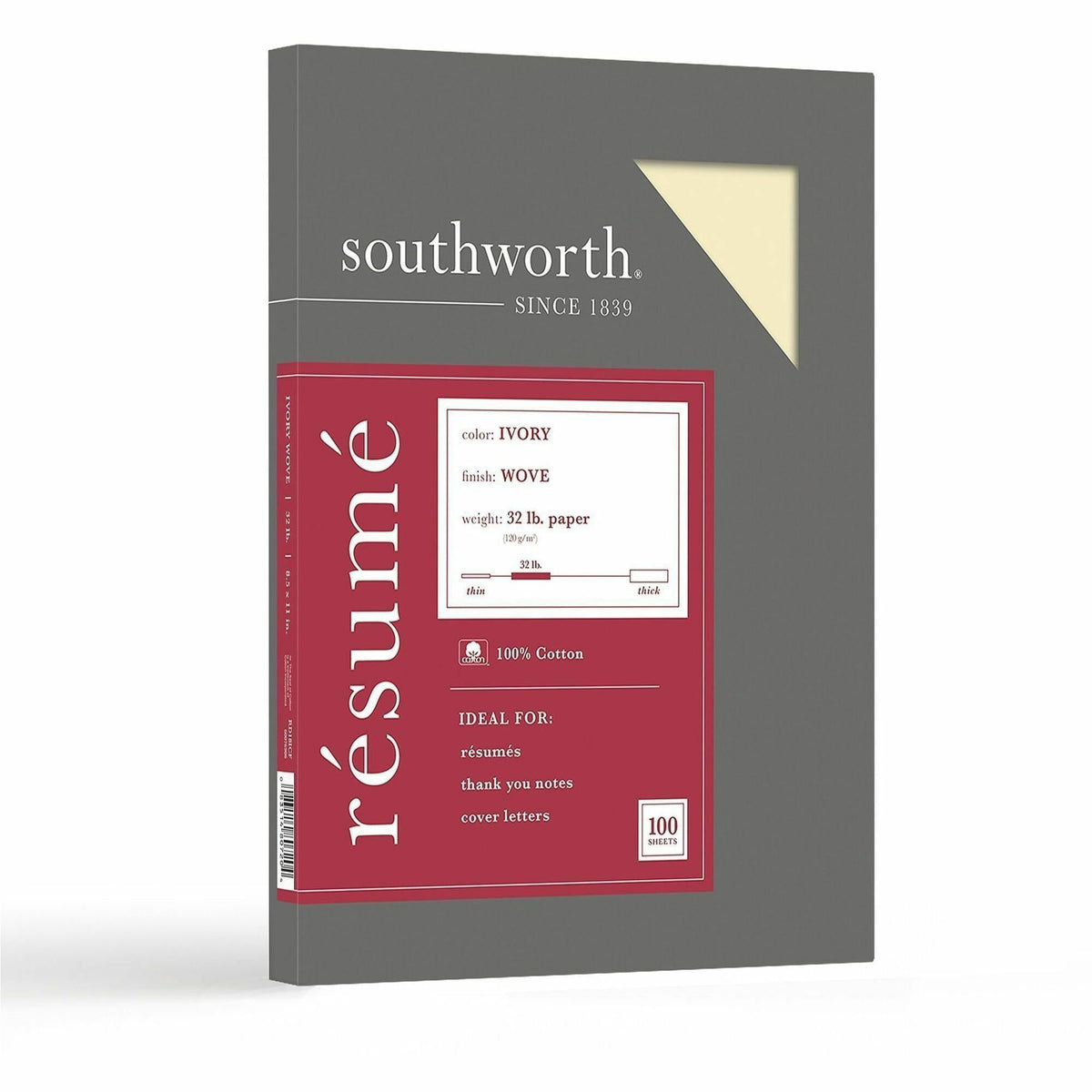 Southworth 100% Cotton Resume Paper - Letter - 8 1/2" x 11" - 32 lb Basis Weight - Wove - Acid-free, Watermarked - Ivory