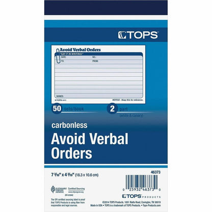 TOPS Avoid Verbal Orders Book - 50 Sheet(s) - 2 Part - Carbonless Copy - 4.25" x 7" Form Size - White - 1 Each