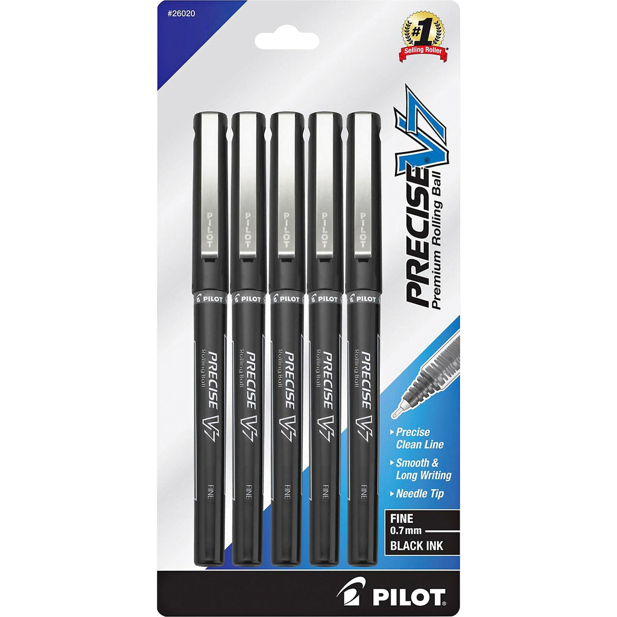 Pilot Fine Premium Capped Rolling Ball Pens - Fine 0.7mm Point Size - Black - Black Barrel - 5 / Pack