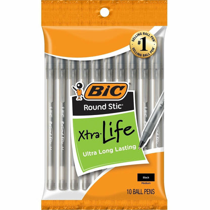 BIC Round Stic Ballpoint Pens - Medium Pen Point - Black Ink - 10 / Pack