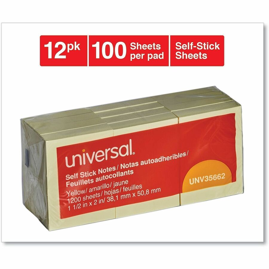 Universal Note Pad - 100 x Yellow - 1 1/2" Flag/Note Width x 2" Flag/Note Length - Rectangle - 100 Sheets per Pad - Yell