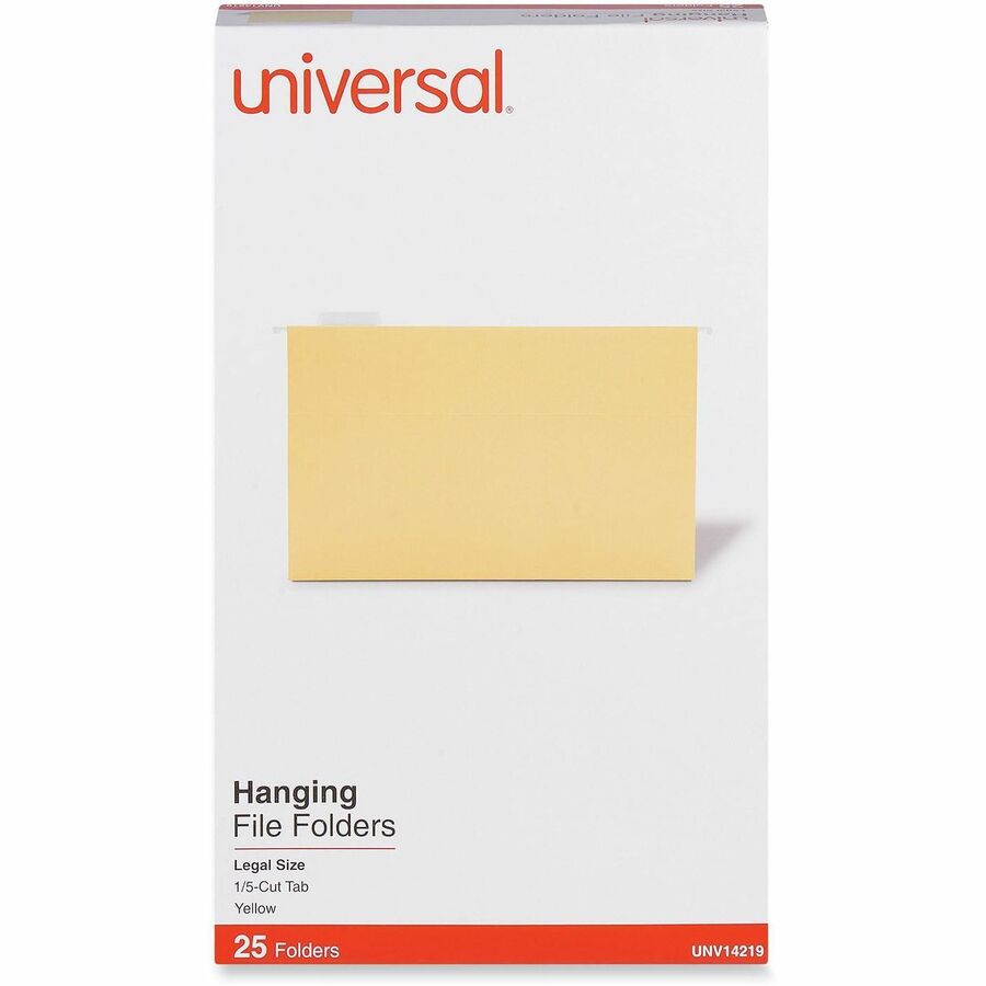 Universal 1/5 Tab Cut Legal Recycled Hanging Folder - Assorted Tab Position - 11 pt. - Stock - Yellow - 100% Recycled - 