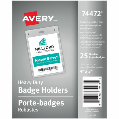 Avery® Vertical Name Badge Holders - Support 4" x 3" Media - Vertical - Vinyl - Clear - 25 / Pack