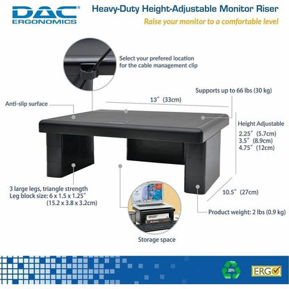 DAC® Stax MP-107 Ergonomic Height-Adjustable Monitor Riser/Laptop Stand, Black - 66 lb Load Capacity - 4.75" Height x 13