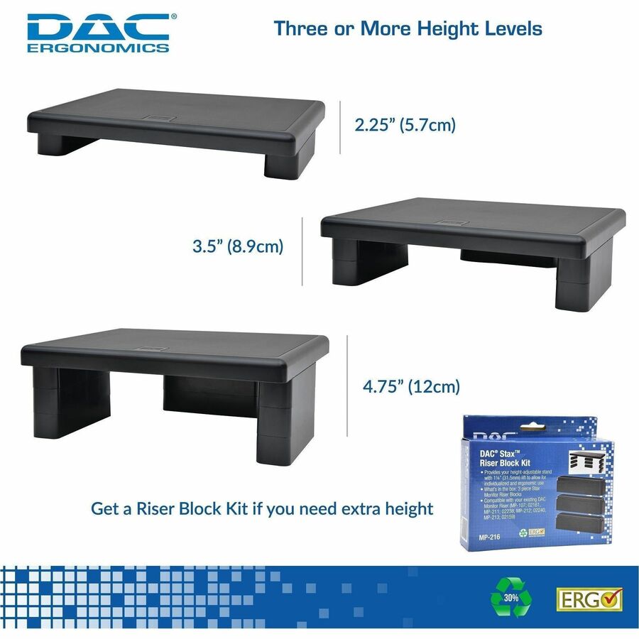 DAC® Stax MP-107 Ergonomic Height-Adjustable Monitor Riser/Laptop Stand, Black - 66 lb Load Capacity - 4.75" Height x 13