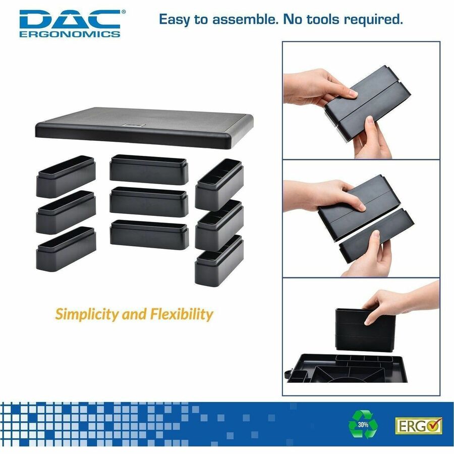 DAC® Stax MP-107 Ergonomic Height-Adjustable Monitor Riser/Laptop Stand, Black - 66 lb Load Capacity - 4.75" Height x 13