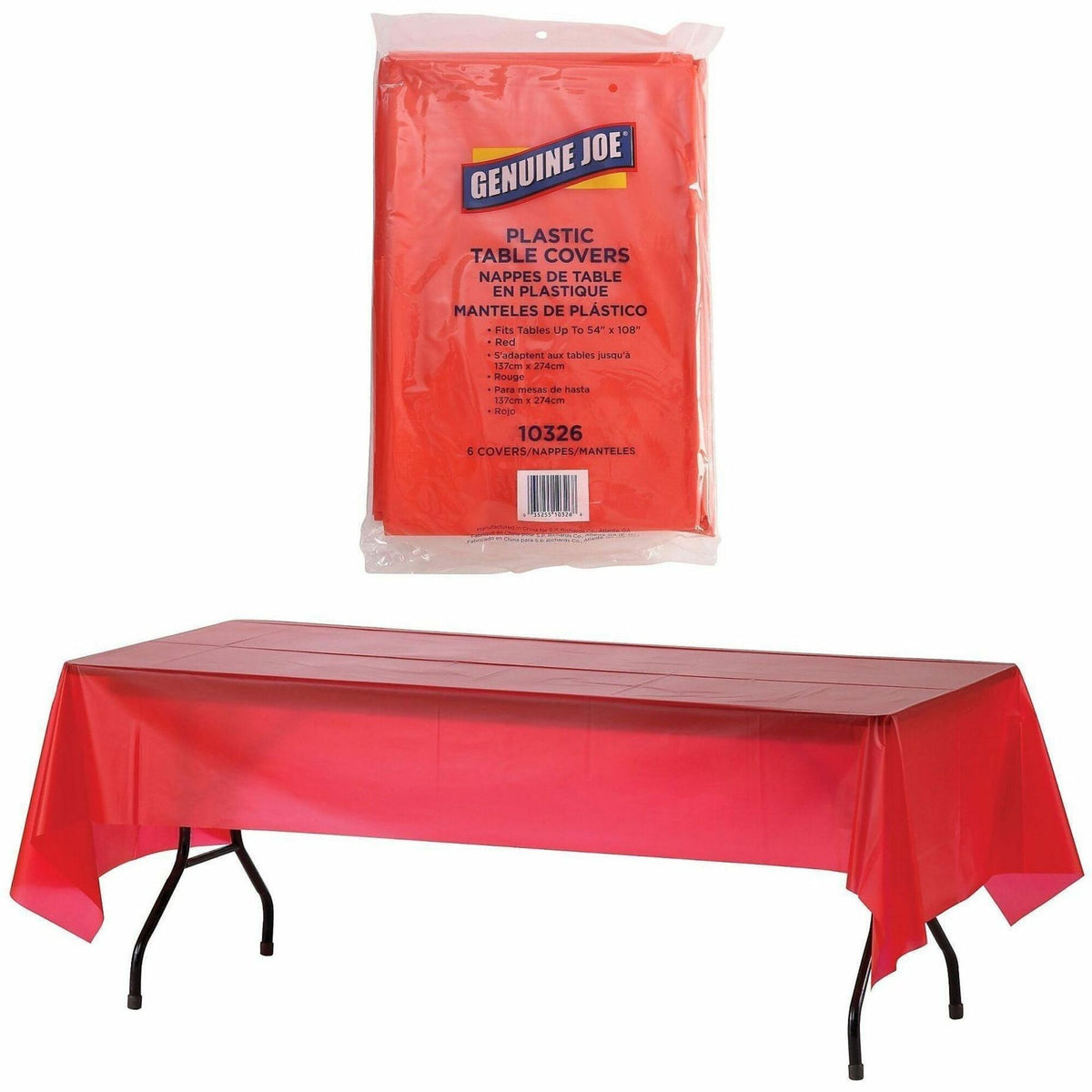 Genuine Joe Plastic Rectangular Table Covers - 108" Length x 54" Width - Plastic - Red - 6 / Pack