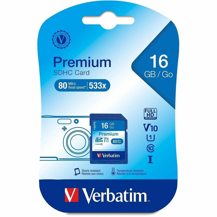 Verbatim Premium 16 GB Class 10/UHS-I (U1) SDHC - 4 / Box - 20 MB/s Read - 9 MB/s Write - Lifetime Warranty