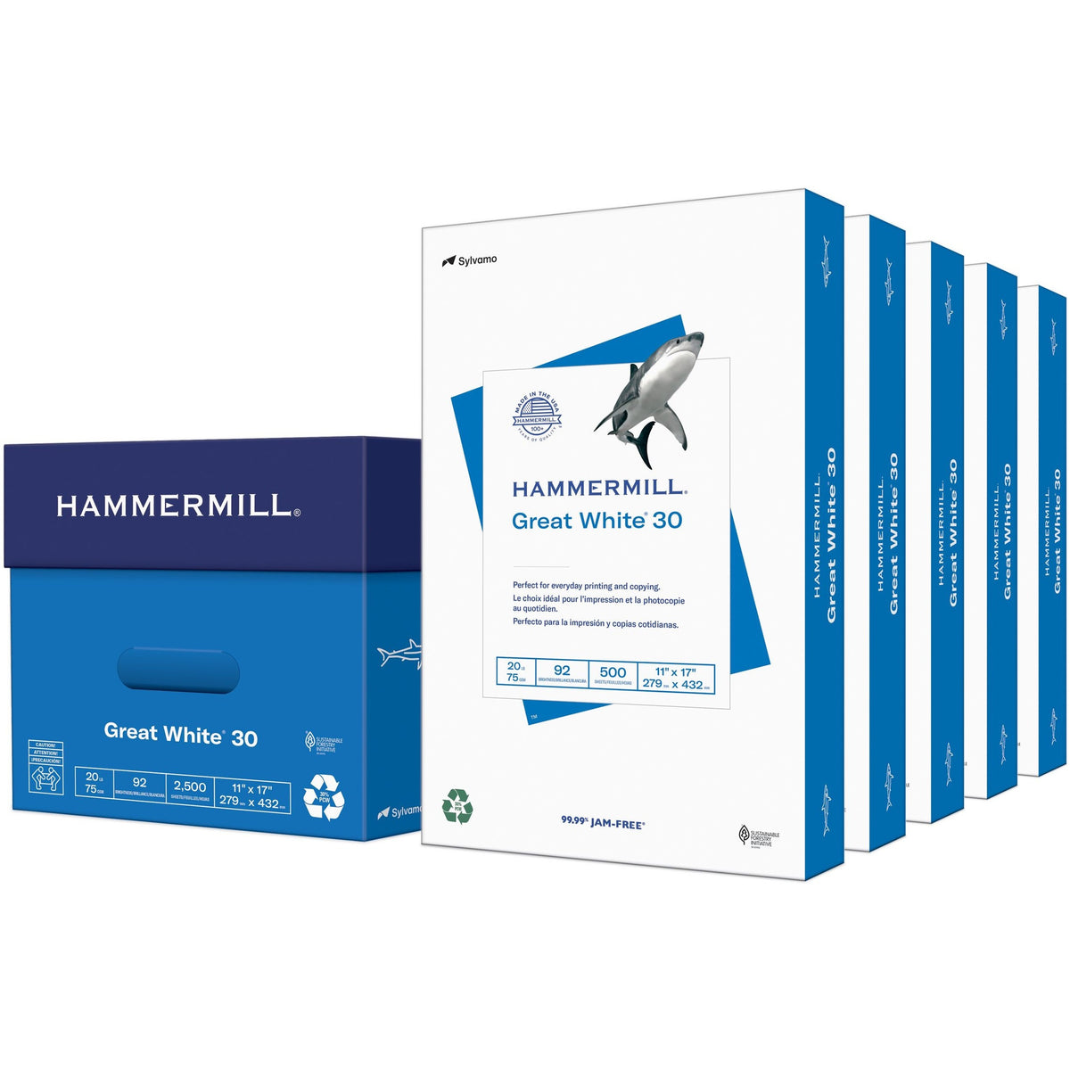 Hammermill Great White Recycled Copy Paper - White - 92 Brightness - 11" x 17" - 20 lb Basis Weight - 1 Ream