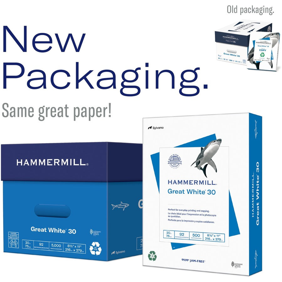 Hammermill Great White Recycled Copy Paper - White - 92 Brightness - 11" x 17" - 20 lb Basis Weight - 1 Ream