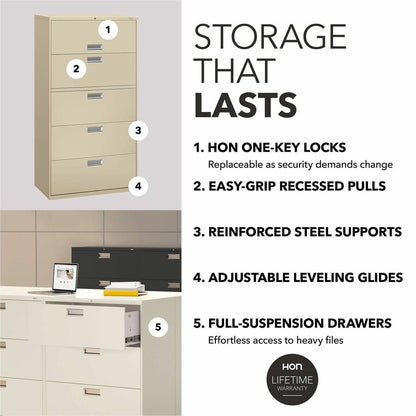 HON Brigade 600 H685 Lateral File - 67" Height x 36" Width x 18" Depth - Total Drawer(s): 5 - Finish: Putty - 1 Each