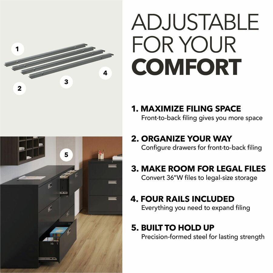 HON Single Front-to-Back Hanging File Rails - Letter/Legal - Steel - Gray - 4 / Pack
