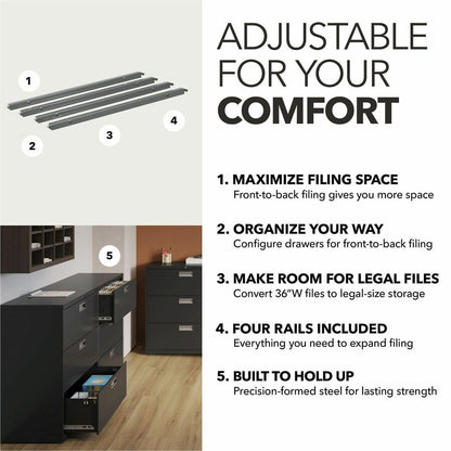 HON Single Front-to-Back Hanging File Rails - Letter/Legal - Steel - Gray - 4 / Pack