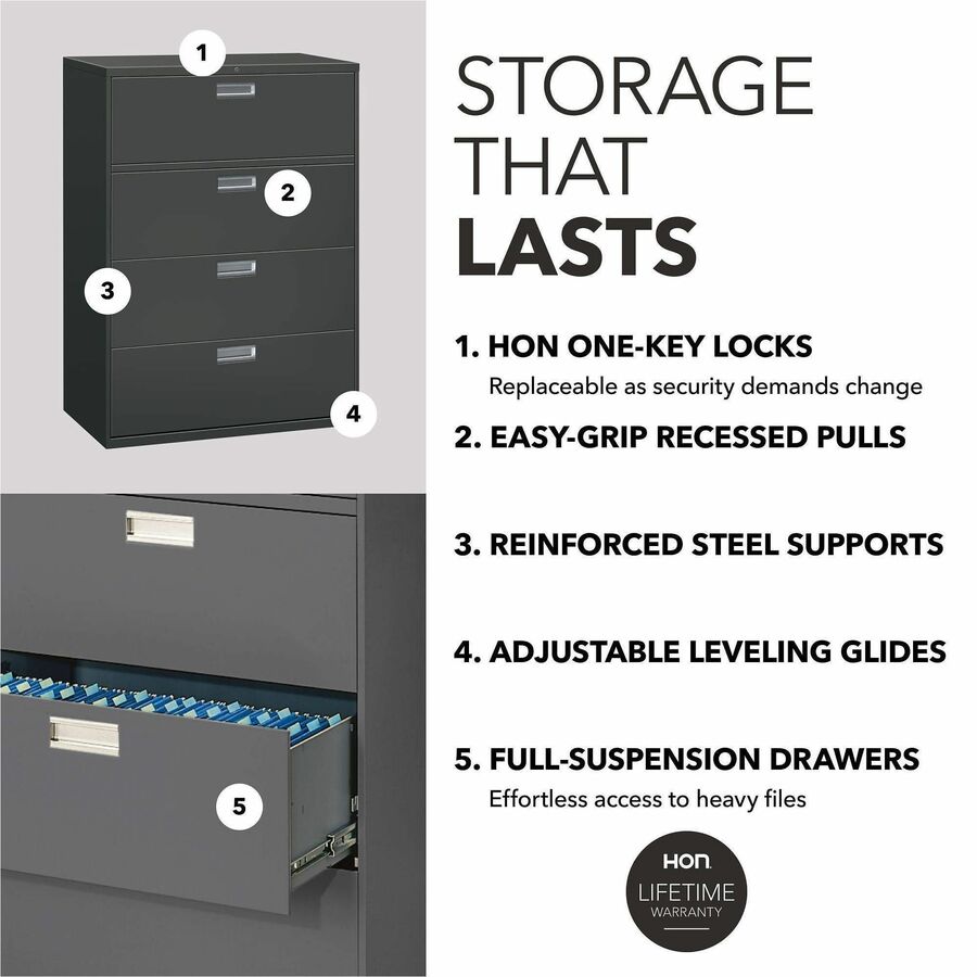 HON Brigade 600 H694 Lateral File - 53.3" Height x 42" Width x 18" Depth - Total Drawer(s): 4 - Finish: Charcoal - 1 Eac