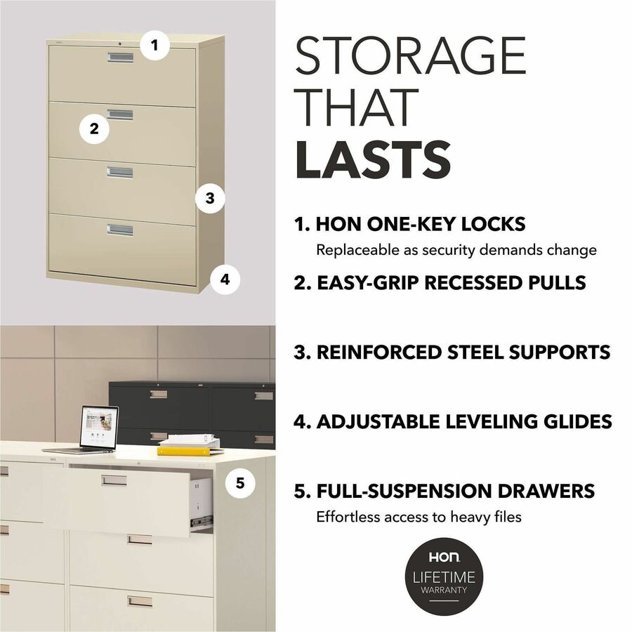 HON Brigade 600 H684 Lateral File - 53.3" Height x 36" Width x 18" Depth - Total Drawer(s): 4 - Finish: Putty - 1 Each