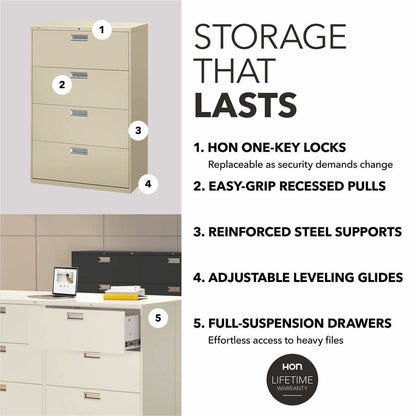 HON Brigade 600 H684 Lateral File - 53.3" Height x 36" Width x 18" Depth - Total Drawer(s): 4 - Finish: Putty - 1 Each