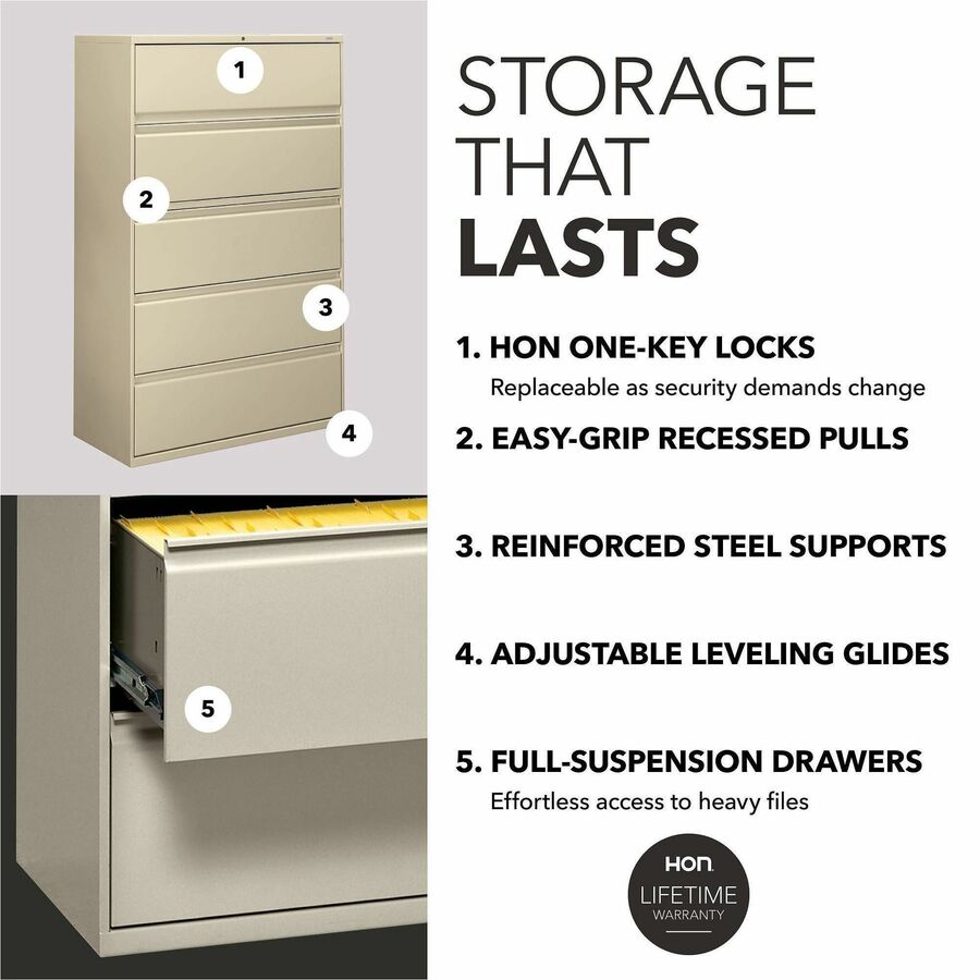 HON Brigade 800 H895 Lateral File - 64.3" Height x 42" Width x 18" Depth - Total Drawer(s): 5 - Finish: Putty - 1 Each