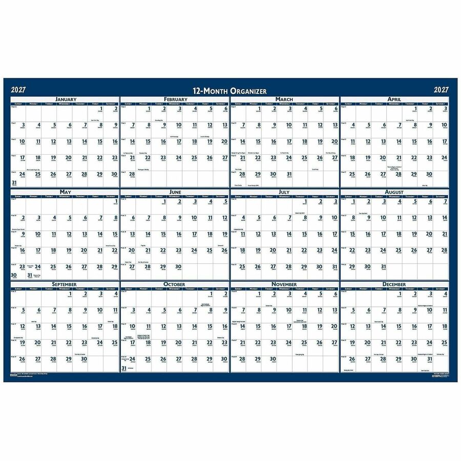 House of Doolittle Write-on Laminated Wall Planner - Professional - Julian Dates - Yearly - 12 Month - January 2027 to D