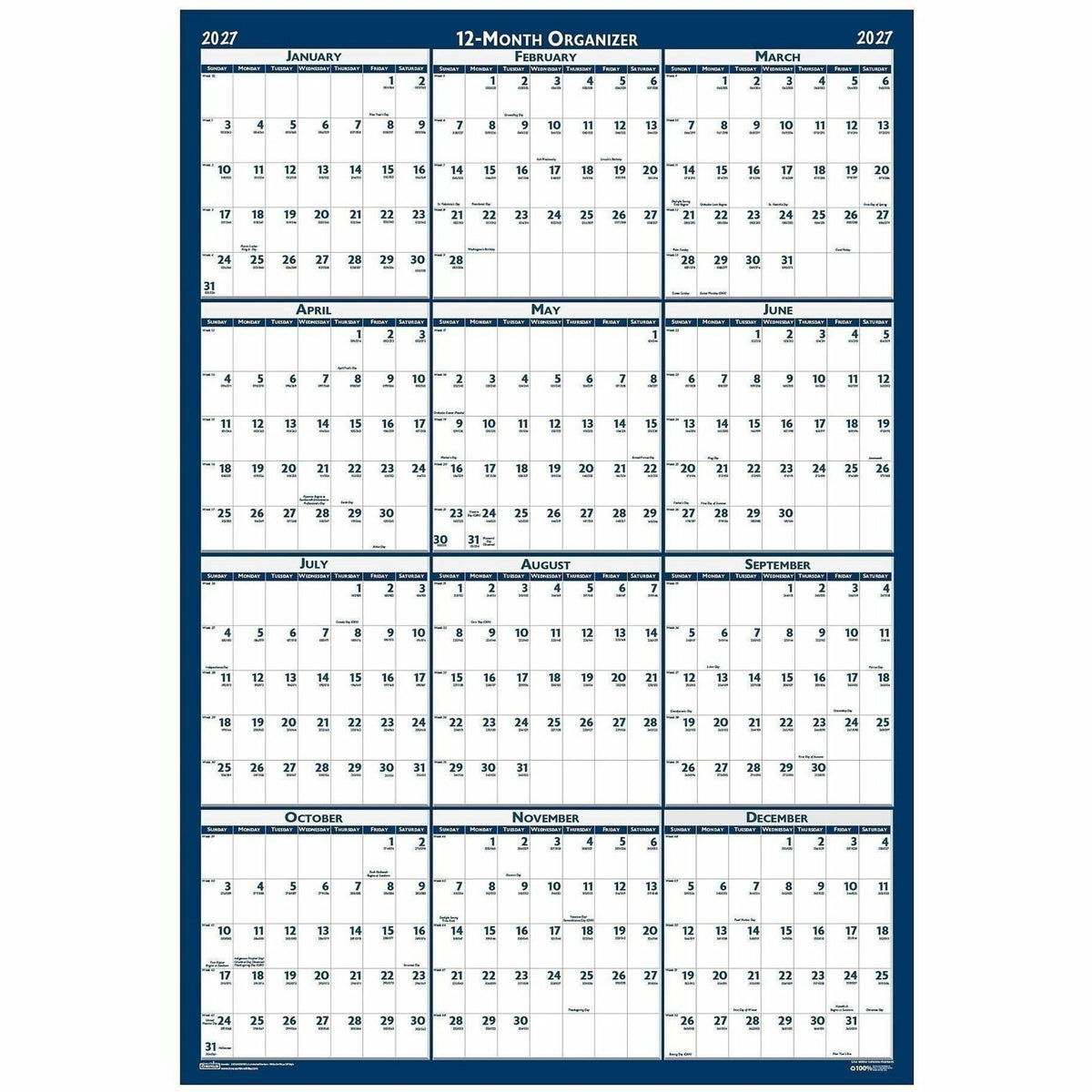 House of Doolittle Write-on Laminated Wall Planner - Professional - Julian Dates - Yearly - 12 Month - January 2027 to D