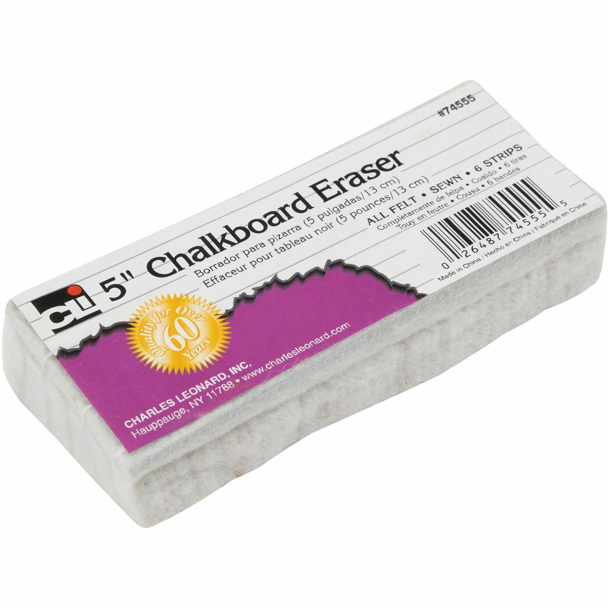Charles Leonard 5" Felt Chalkboard Eraser - 5" Width x 2" Length - White - Felt - 1 Each