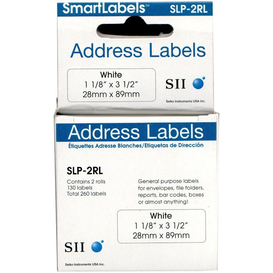 Seiko SmartLabel Printer Address Labels - 1 1/8" Width x 3 1/2" Length - Rectangle - Direct Thermal - White - Paper - 13