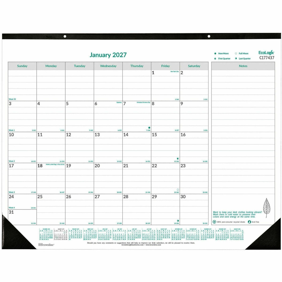 Brownline EcoLogix Monthly Desk Pad Calendar - Monthly - 12 Month - January 2027 to December 2027 - 1 Month Single Page 
