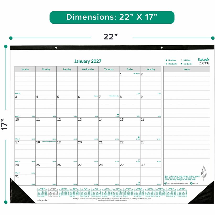 Brownline EcoLogix Monthly Desk Pad Calendar - Monthly - 12 Month - January 2027 to December 2027 - 1 Month Single Page 