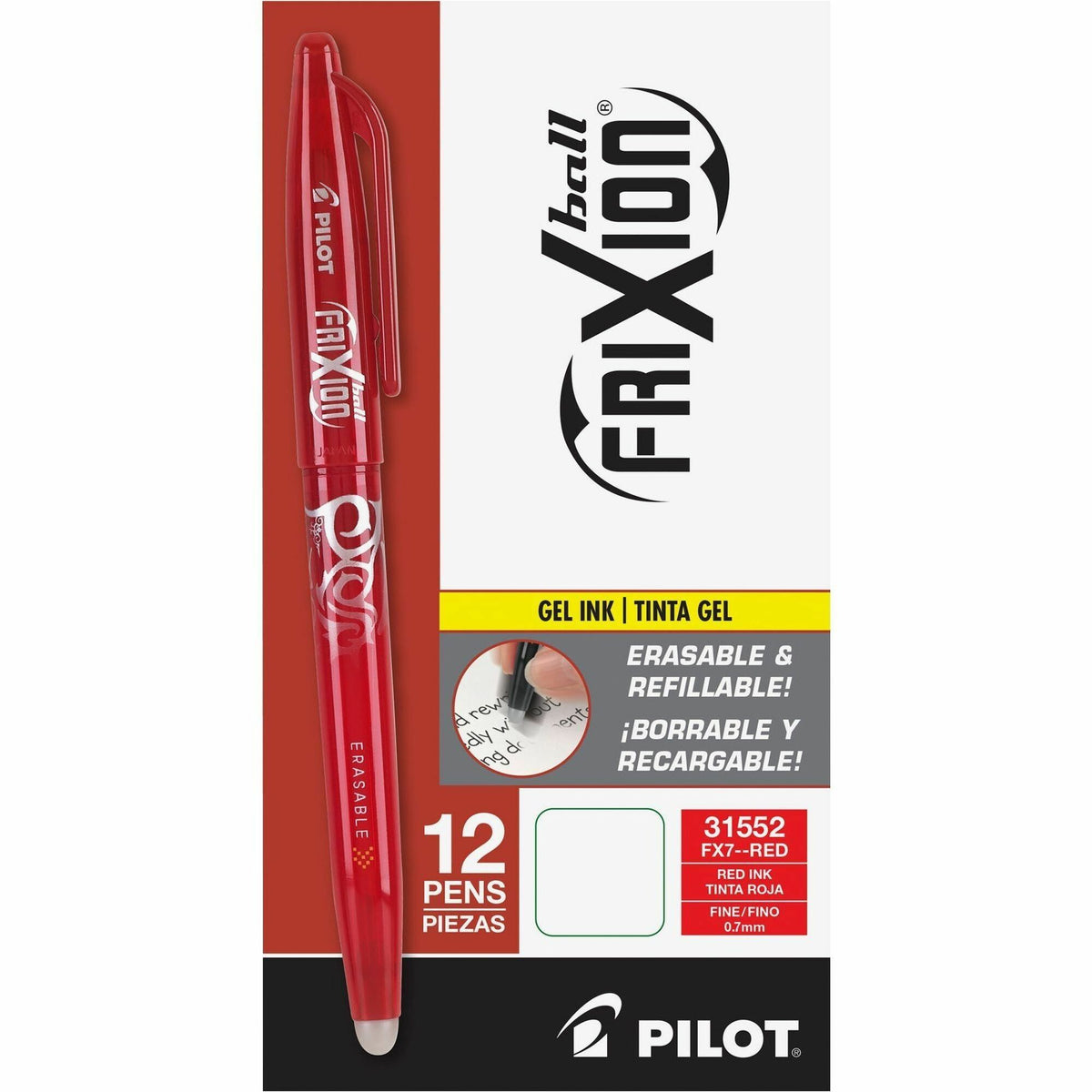 FriXion Gel Pens - Fine 0.7mm Point Size - Red Gel-based Ink - Red Barrel - 12 / Dozen