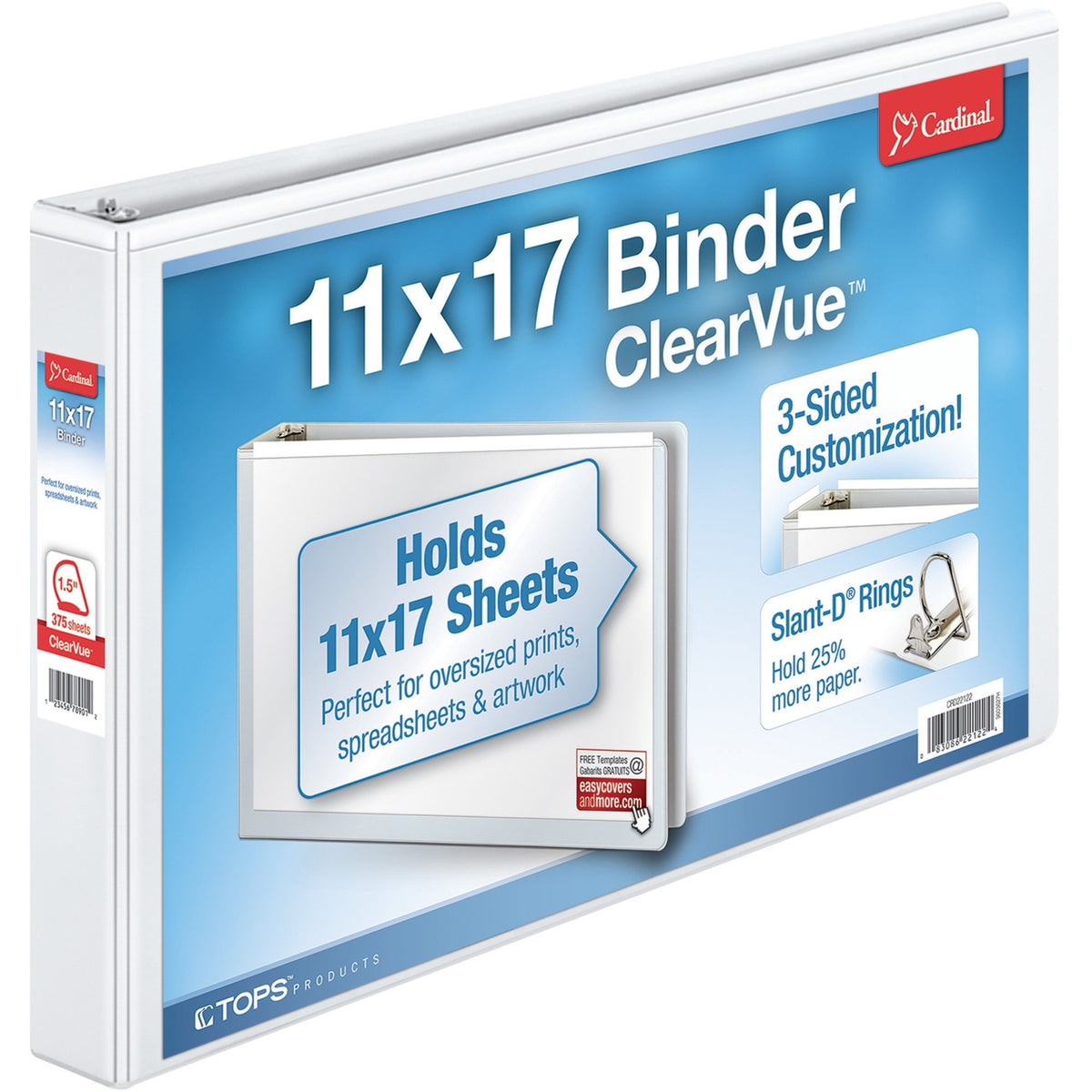 Cardinal® ClearVue Overlay Tabloid D-Ring Binder - 1 1/2" Binder Capacity - Tabloid - 11" x 17" Sheet Size - 375 Sheet C