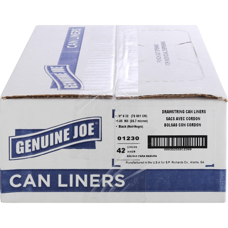 Genuine Joe Flexible Drawstring Trash Can Liners - Medium Size - 30 gal Capacity - 32" Length x 30" Width x 1.05 mil (27