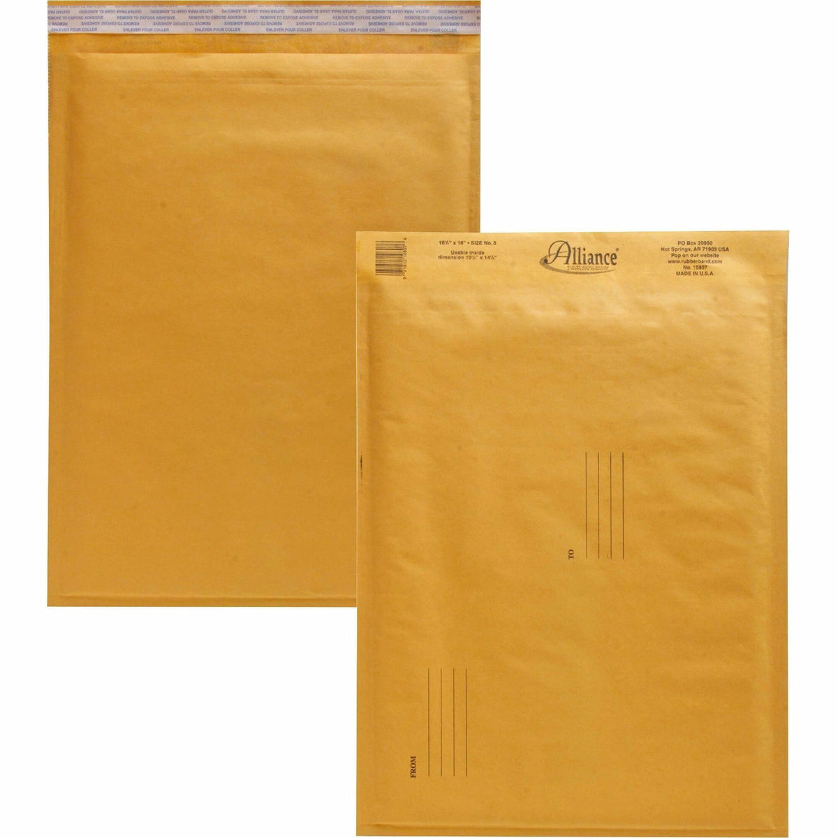 Alliance Rubber Kraft Bubble Mailers - Bubble - #5 - 10 1/2" Width x 16" Length - Peel & Seal - Kraft - Paper - 25 / Car