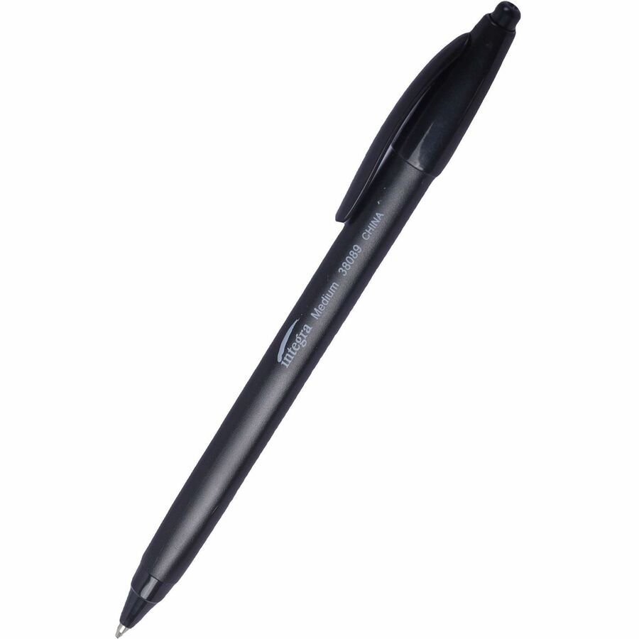 Integra Triangular Barrel Retractable Ballpnt Pens - Medium Pen Point - Retractable - Black Ink - Black Plastic Barrel -