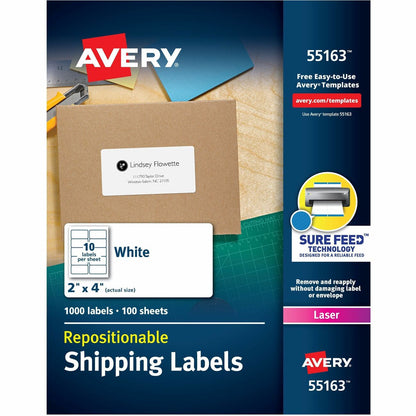 Avery® Repositionable Labels, Sure Feed, 2" x 4" , 1,000 Labels (55163) - 2" Width x 4" Length - Permanent Adhesive - Re