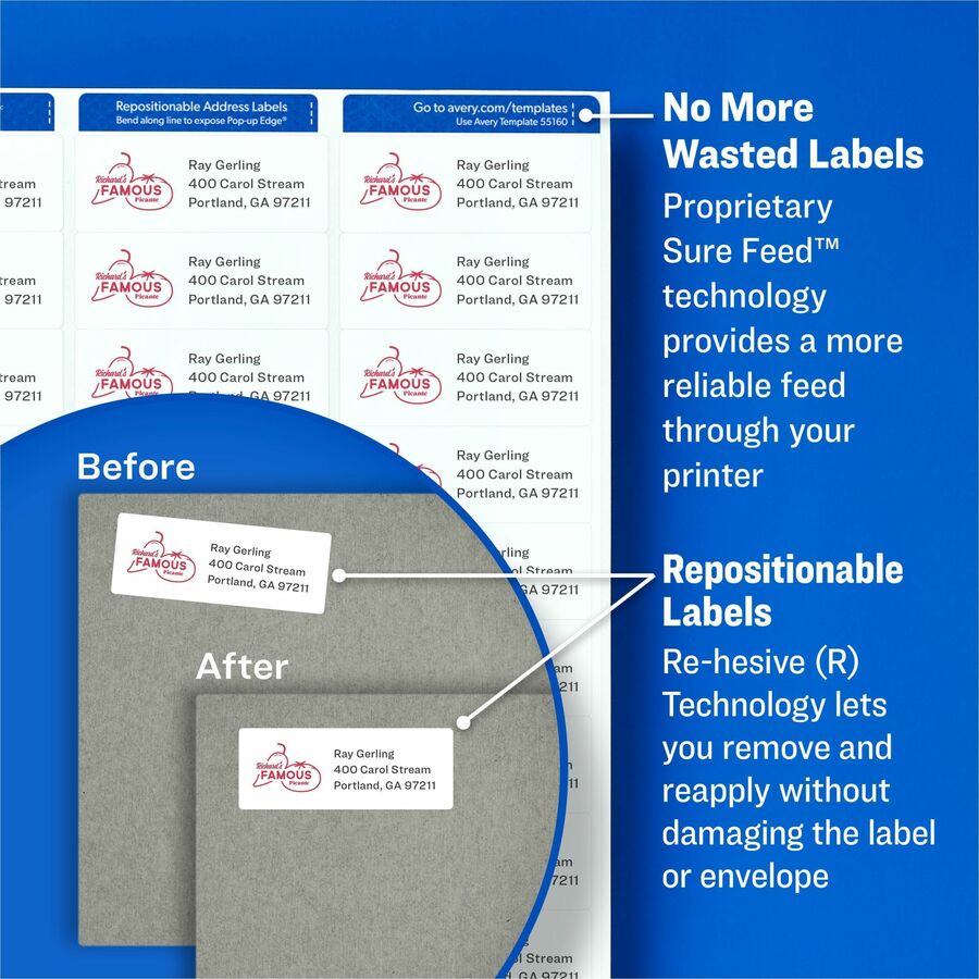 Avery® Repositionable Labels, Sure Feed, 3-1/3"x4" , 600 Labels (55164) - 3 21/64" Width x 4" Length - Permanent Adhesiv