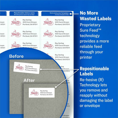 Avery® Repositionable Labels, Sure Feed, 3-1/3"x4" , 600 Labels (55164) - 3 21/64" Width x 4" Length - Permanent Adhesiv