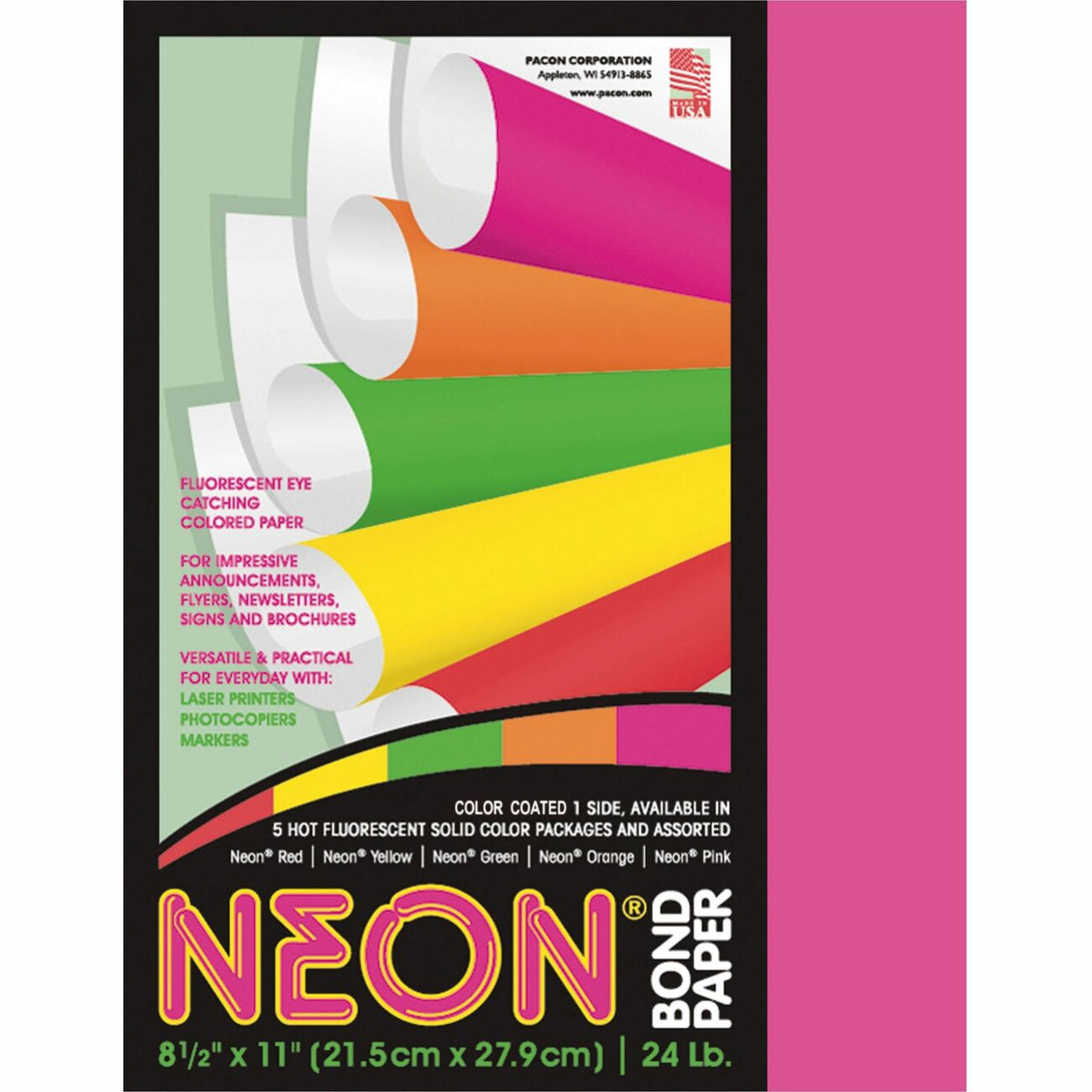 Pacon Neon Multipurpose Paper - Pink - Letter - 8 1/2" x 11" - 24 lb Basis Weight - Sustainable Forestry Initiative (SFI