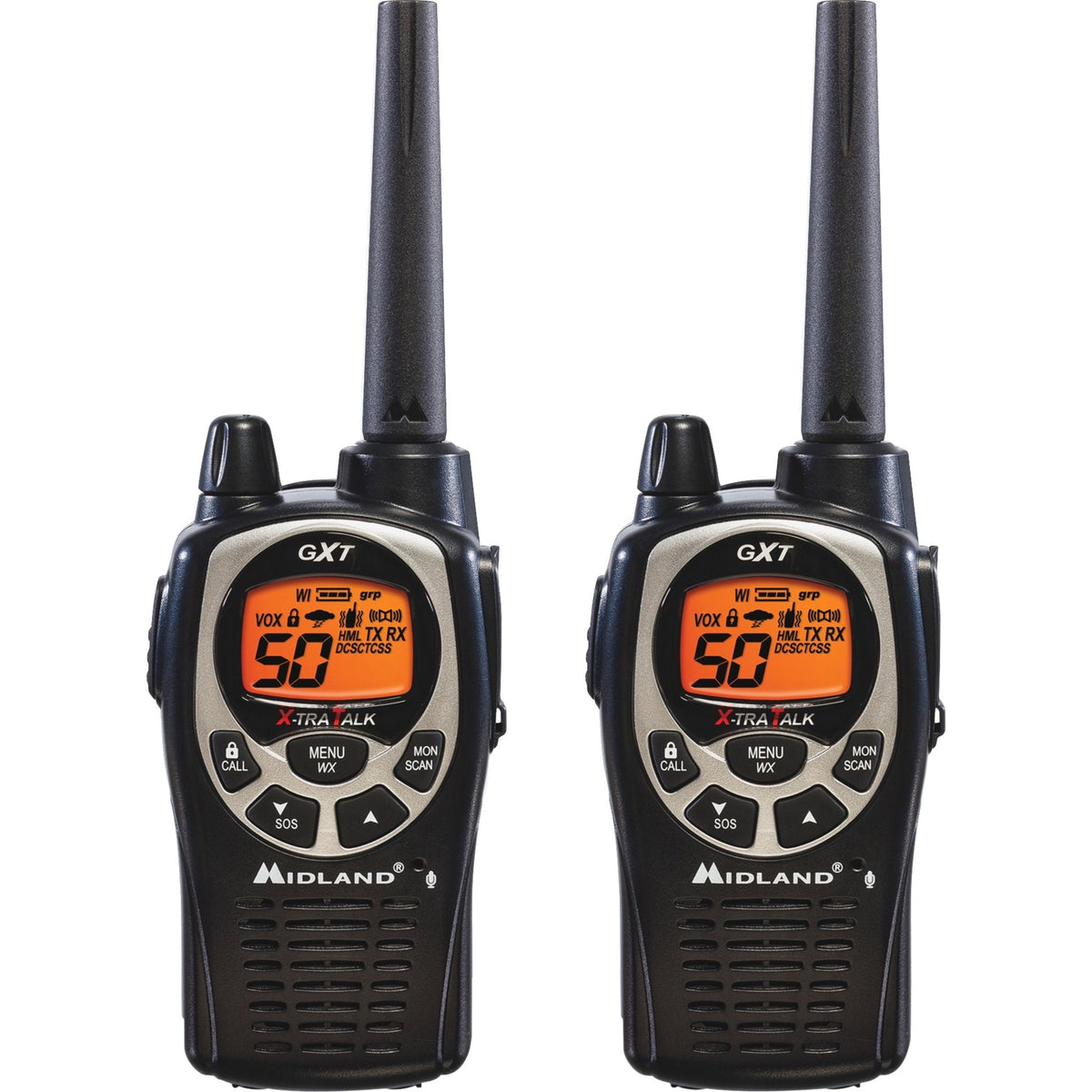 Midland GXT1000VP4 Two-Way Pair - 50 Radio Channels - 22 GMRS - Upto 158400 ft - Auto Squelch, Hands-free, Keypad Lock, 