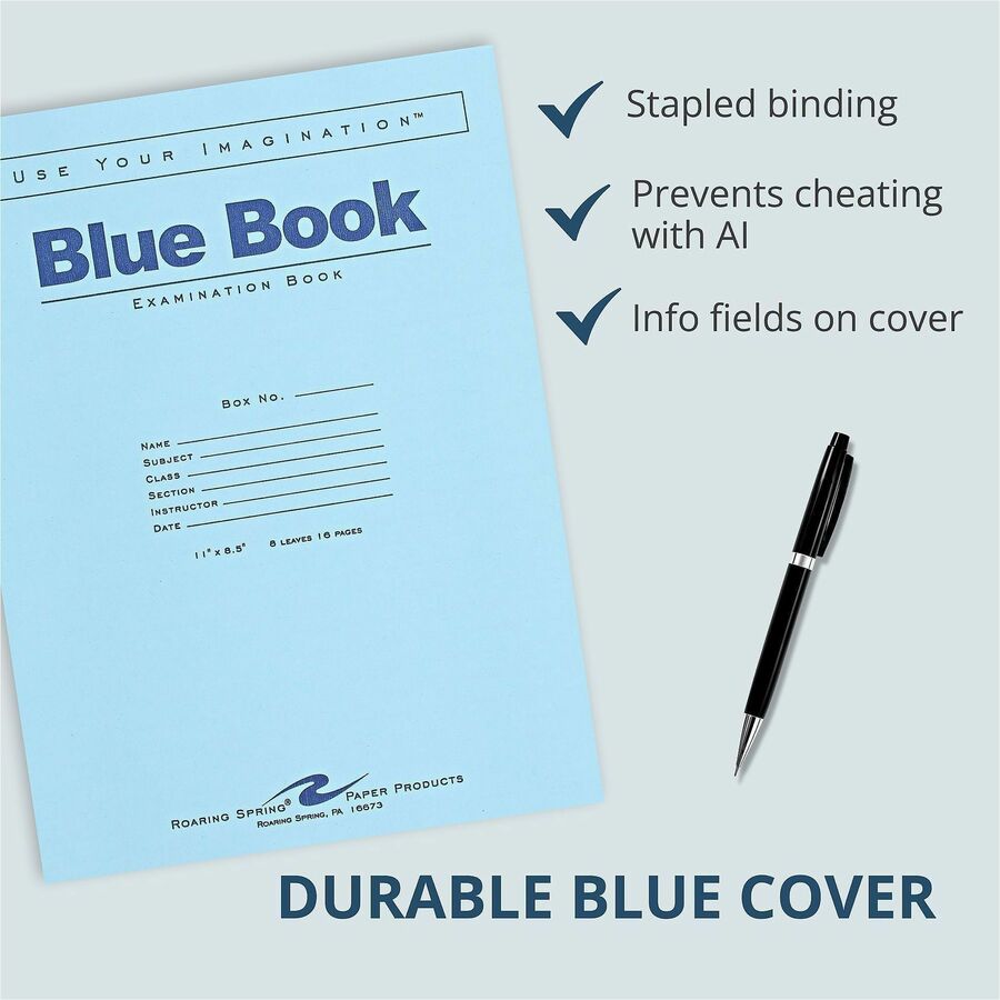Roaring Spring 8 - sheet Blue Examination Book - Letter - 8 Sheets - 16 Pages - Stapled - Red Margin - 15 lb Basis Weigh