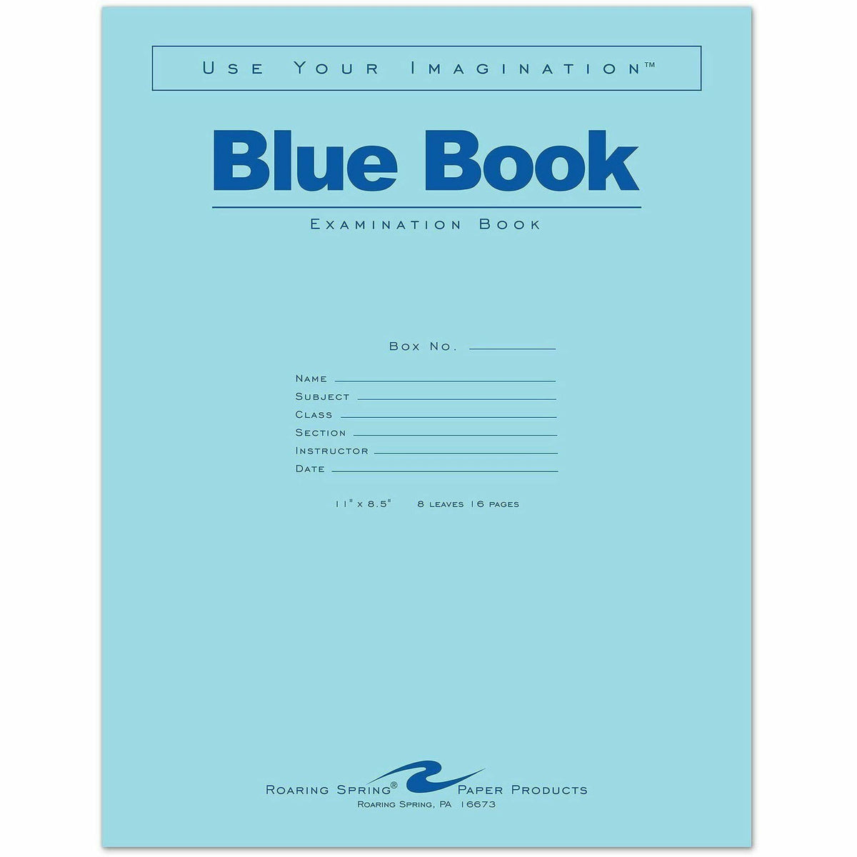 Roaring Spring 8 - sheet Blue Examination Book - Letter - 8 Sheets - 16 Pages - Stapled - Red Margin - 15 lb Basis Weigh