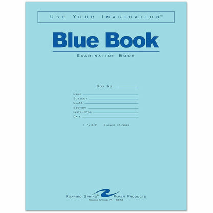 Roaring Spring 8 - sheet Blue Examination Book - Letter - 8 Sheets - 16 Pages - Stapled - Red Margin - 15 lb Basis Weigh