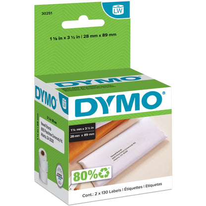 Dymo White Address Labels - 3 1/2" Width x 1 1/8" Length - Permanent Adhesive - Rectangle - Direct Thermal - White - Pap