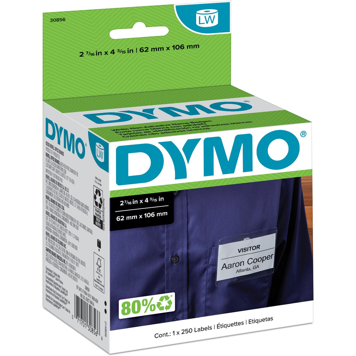 Dymo Non-Adhesive LabelWriter Name Badge Labels - 2 7/16" Width x 4 3/16" Length - Rectangle - White - 250 / Roll - 250 