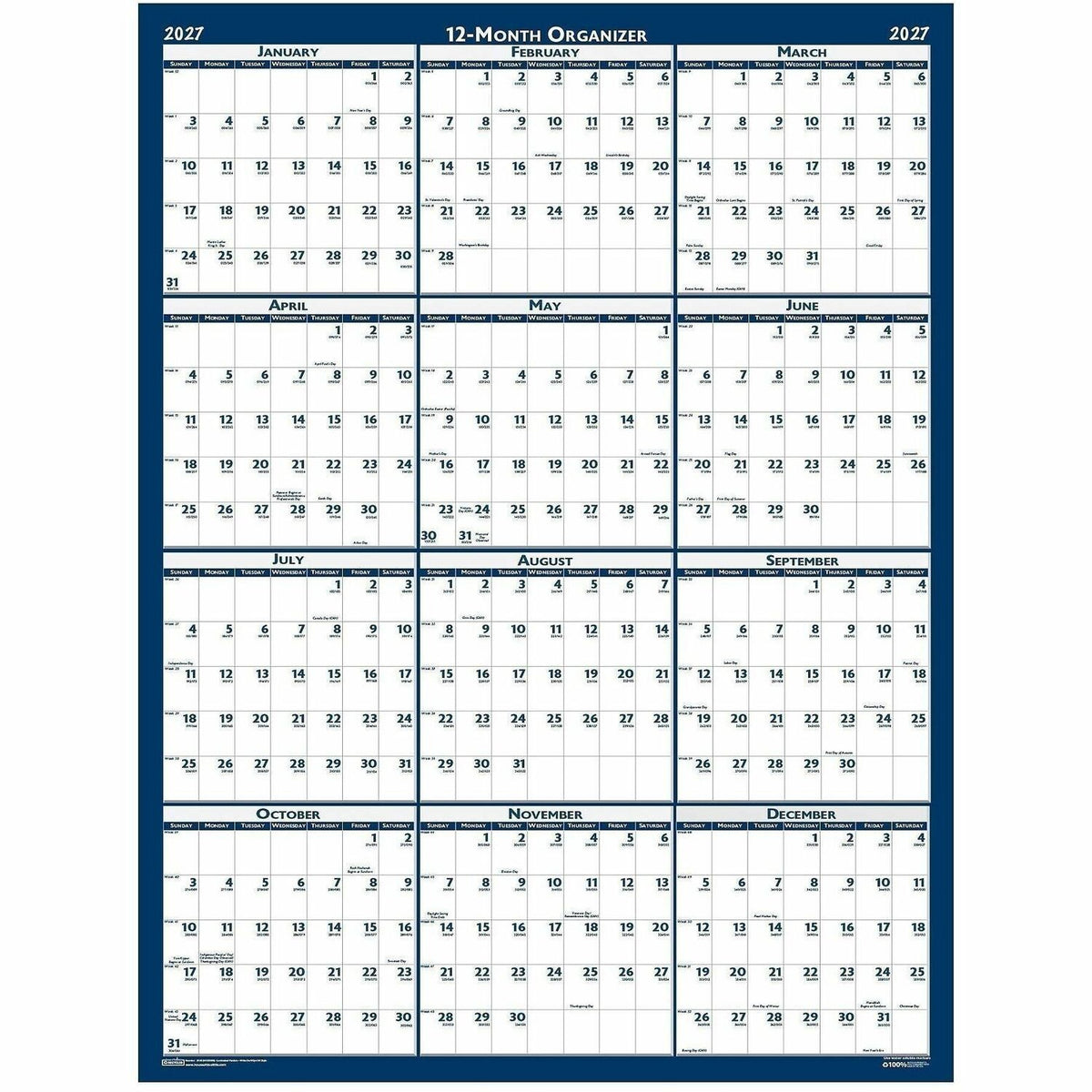 House of Doolittle Write-on Laminated Wall Planner - Professional - Julian Dates - Yearly - 12 Month - January 2027 to D