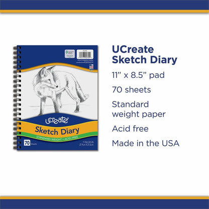 UCreate Art1st Sketch Diary - Letter - 70 Sheets - Plain - Spiral - Letter - 8 1/2" x 11" Sheet Size - White Paper - Aci