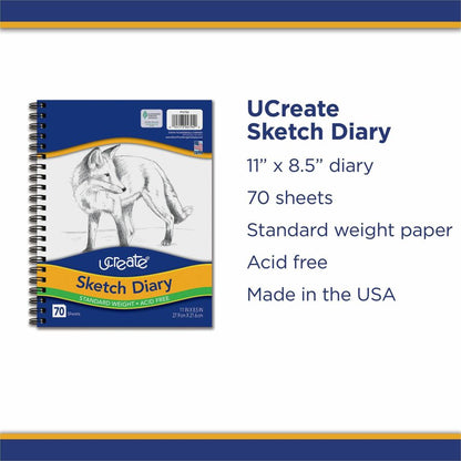 UCreate Art1st Sketch Diary - 70 Sheets - Plain - Spiral - 9" x 6" Sheet Size - White Paper - Acid-free - Recycled - 80 